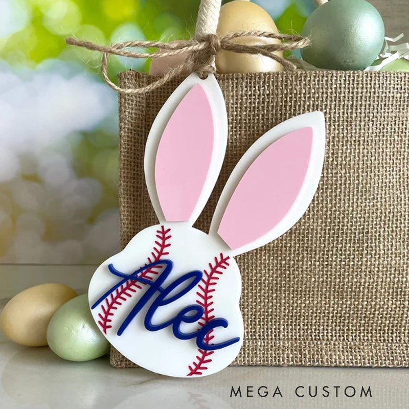 Personalized Baseball Easter Basket Tag Custom Name Bunny Label Gift for Kids on Easter Day