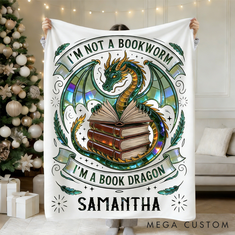 Personalized I‘m a Book Dragon Throw Blanket Custom Fantasy Romance Reader Blanket for Book Lovers Reader Blanket with Name for Bookworm Librarian Gift