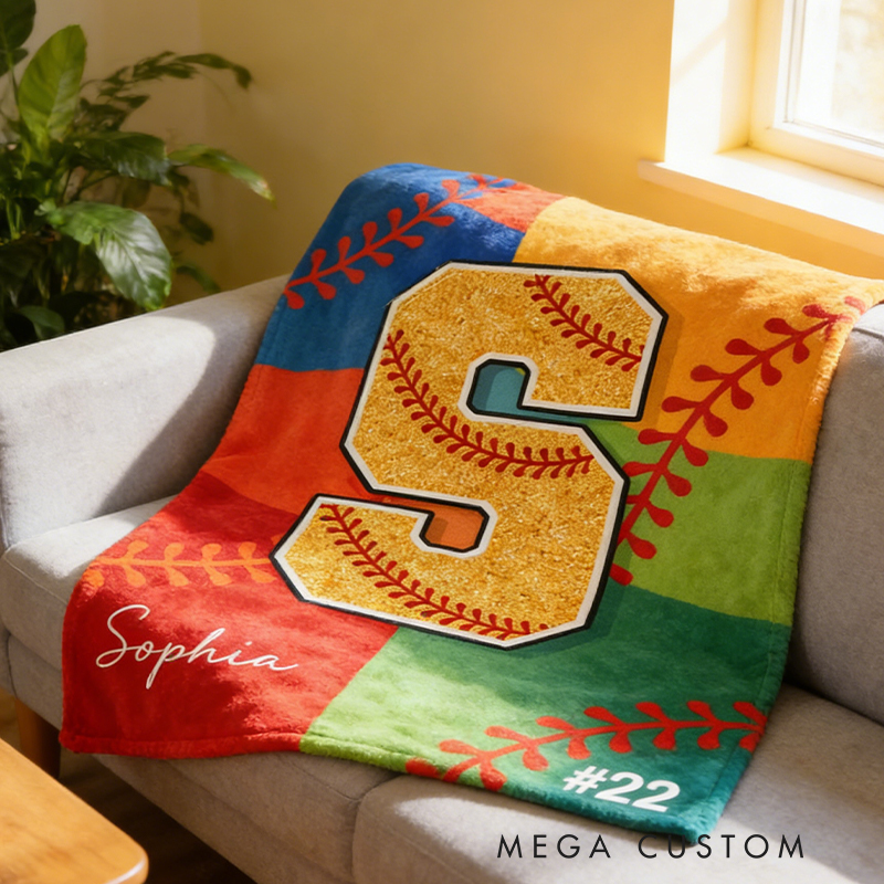Personalized Glitter Softball Blanket with Name and Number for Baseball Girls