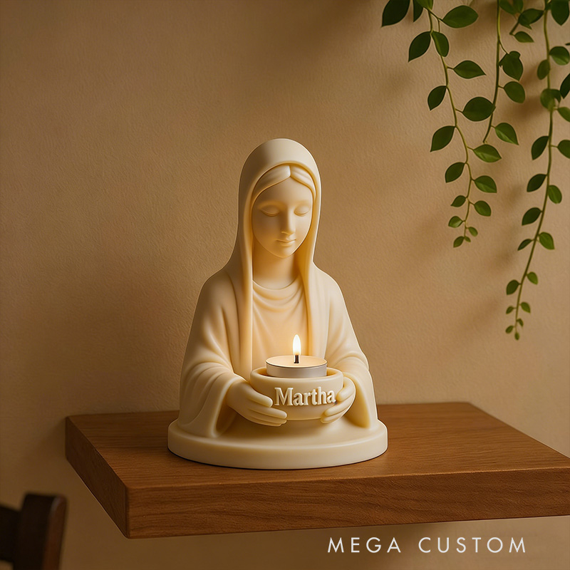 Personalized 3D Printable Virgin Mary Tealight Candle Holder with Custom Name Lady Guadalupe Stand Catholic Home Decor Prayer Space Spiritual Gift