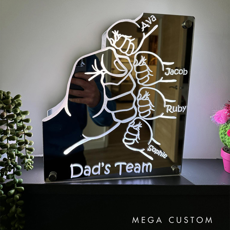 Personalized Dad's Team Fist Mirror Lamp Custom Family Name LED Light Father's Day Gift for Dad Family Keepsake 