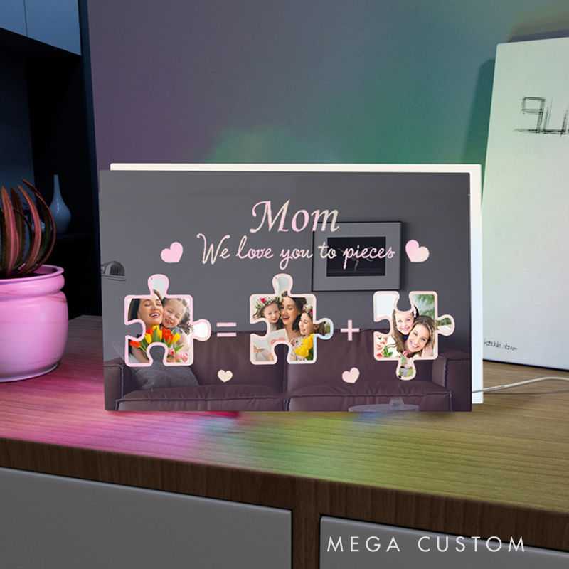 Personalized Jigsaw Photo Mirror Light Custom Family Photo Puzzle LED Sign Mother’s Day Birthday Gift for Mom