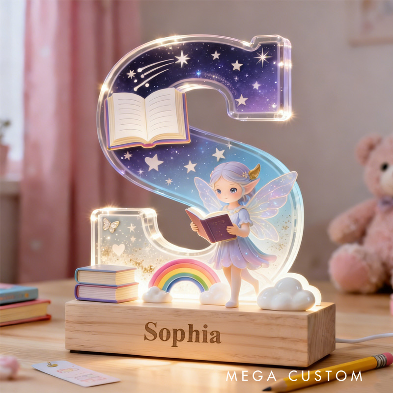 Personalized Reading Fairy LED Night Light Custom 26 Letter Lamp for Room Decor Unique Birthday Gift for Book Lover Girls Bedroom Decoration