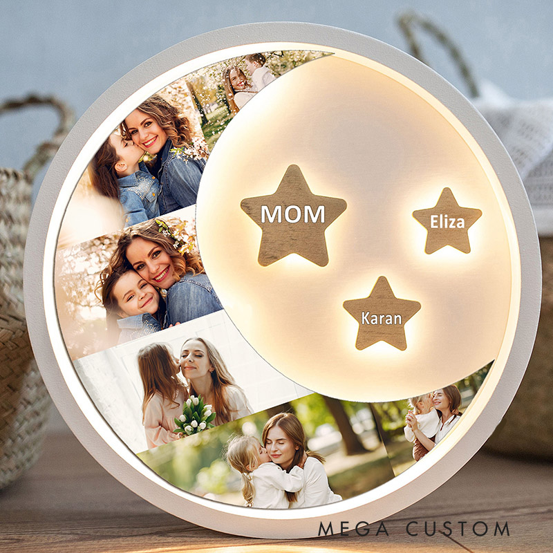Personalized Moon Photo with Star Name Night Light Custom Family Photo Collage Name Star Design Mother’s Day Birthday Gift for Mom