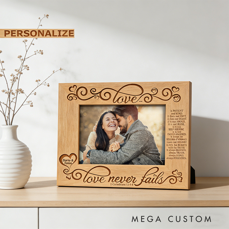Personalized Love Never Fails Picture Frame with Custom Names Christian Corinthians 13:4-8 Picture Frame Wedding Gift Valentines Day Gift for Couple