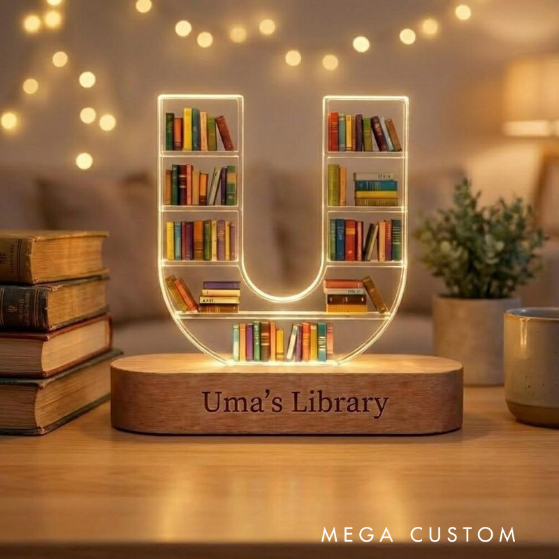 Personalized Initial Book Shelf LED Light Letter Bookcase Night Light with Name Library LED Lamp for Book Lover Bookworm Librarian Gift
