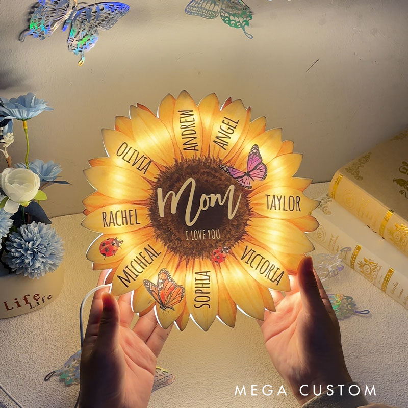 Personalized Family Member Name Sunflower Acrylic Lamp LED Night Light Custom Name Design for Mom Unique Gift for Mother's Day