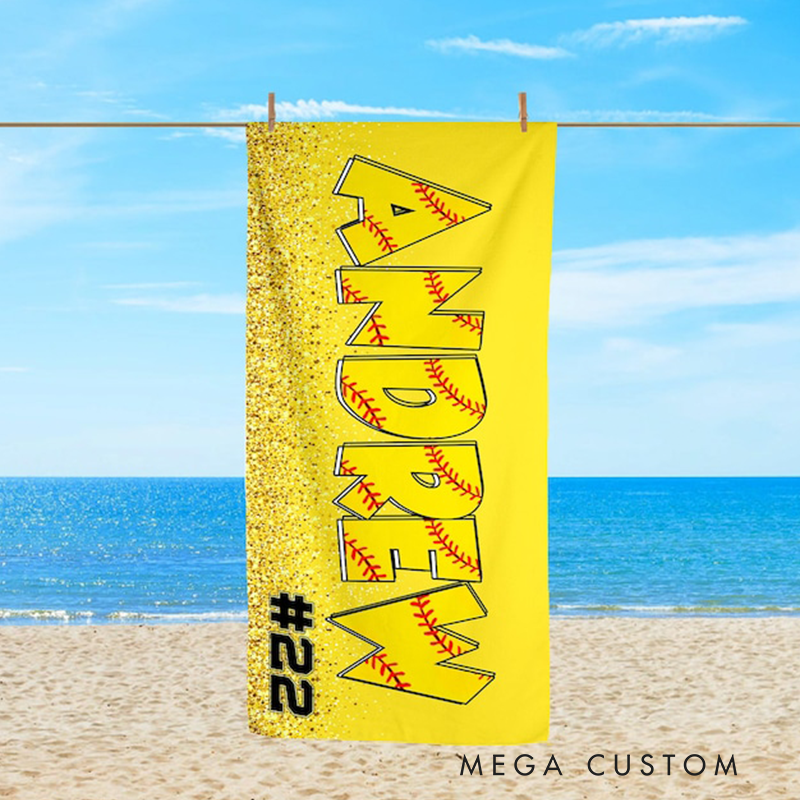 Personalized Softball Beach Towel with Custom Name Number Glitter Effect and Bold Yellow Design Perfect for Players Fans and Outdoor Activities