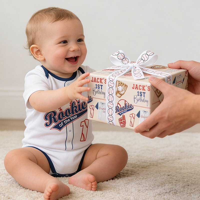 Personalized 1st Birthday Gift Wrap Custom Name Baseball Theme Wrapping Paper with Matching Ribbon Rookie of the Year First Birthday Gift Wrap 3 Sizes