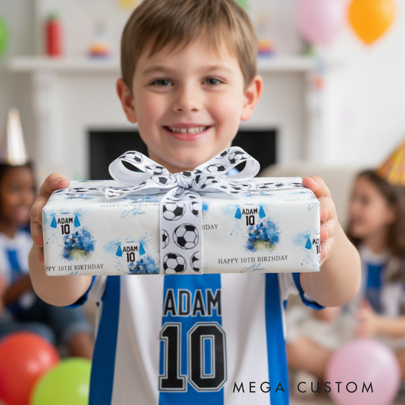Personalized Soccer Gift Wrap Custom Name Message and Jersey Number Wrapping Paper with Matching Ribbon 3 Sizes 2 Finish