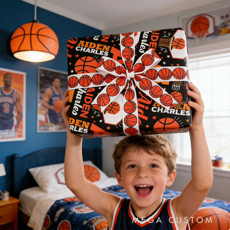 Personalized Basketball Gift Wrap Custom Name Wrapping Paper with Matching Ribbon 3 Sizes and 2 Finish for Sports Lovers