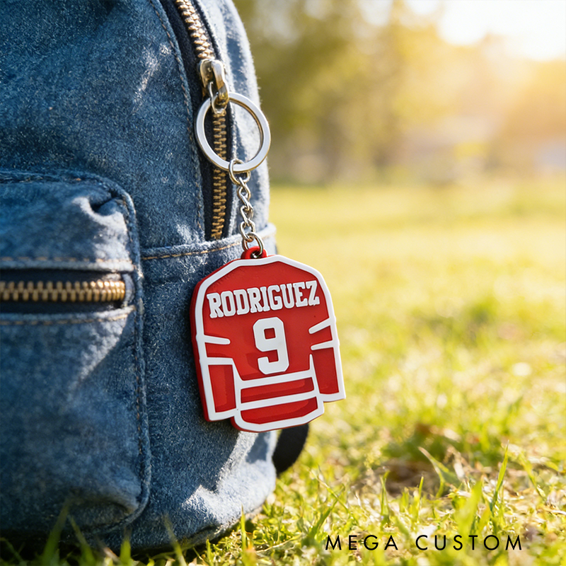 Personalized Ice Hockey Jersey Keychain with Custom Name and Number Design
