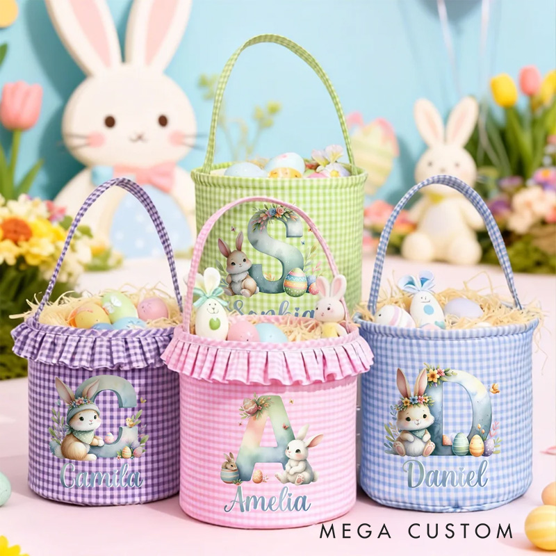 Personalized Cute Bunny Gradient Color Initial Plaid Easter Basket with Name and Ruffles Eggs Hunting Party Easter Gift for Kids