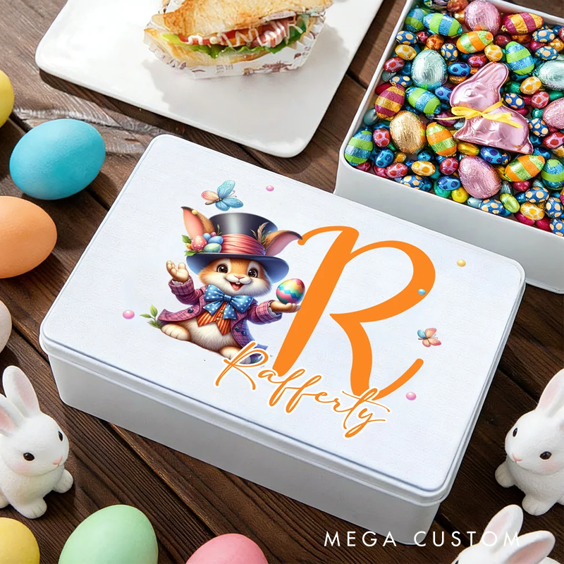 Personalized Easter Bunny Eggs Food Grade Metal Biscuit Tin Storage Box with Name and Initial Easter Holiday Gift for Family Kids