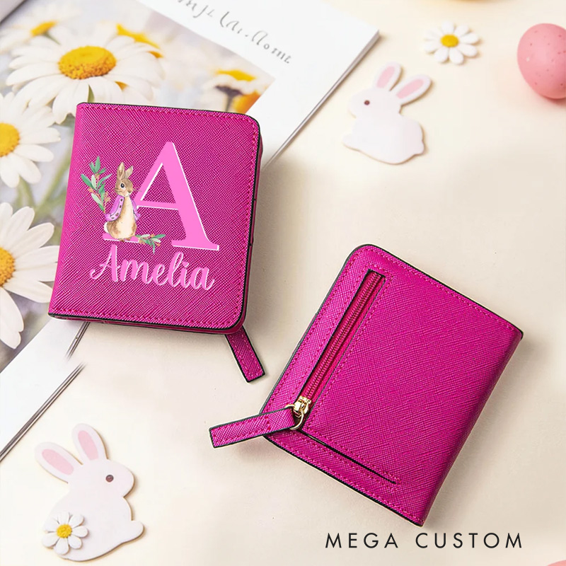 Personalized Cute Rabbit Initial PU Leather Bifold Pocket Wallet with Multiple Card Slots with Name Easter Gift for Girls