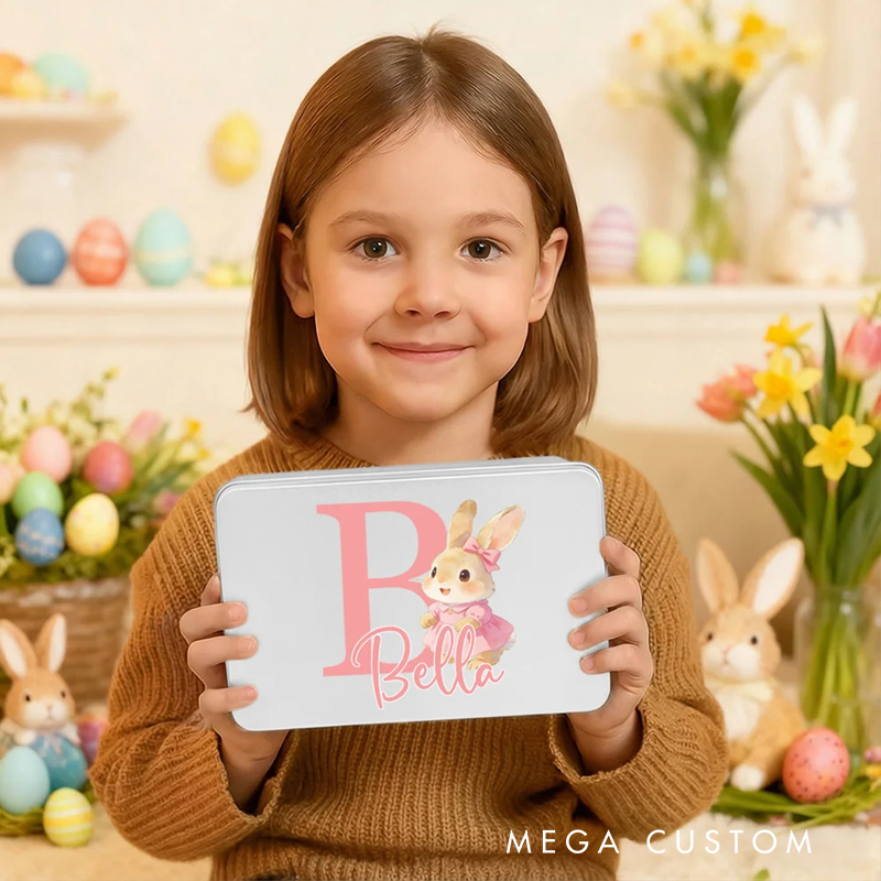 Personalized Cute Cartoon Rabbit Initial Biscuit Tin Storage Box with Name Easter Party Gift for Kids Family