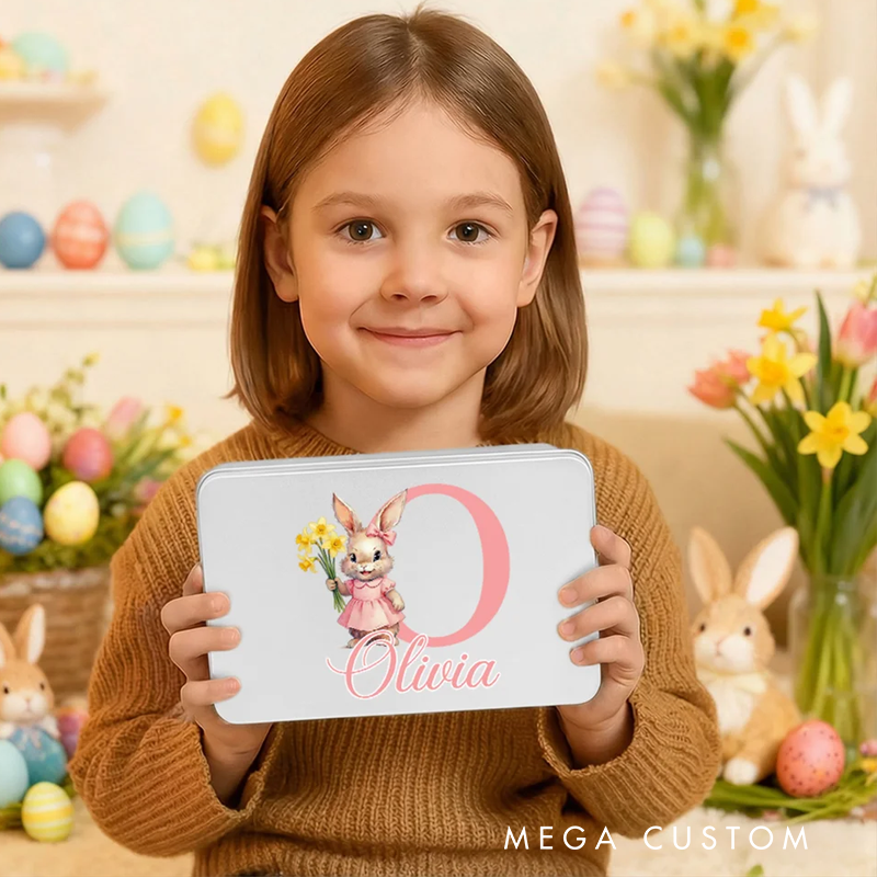 Personalized Birth Flower Cute Bunny Easter Biscuit Tin Box with Name and Initial Easter Party Easter Gift for Children