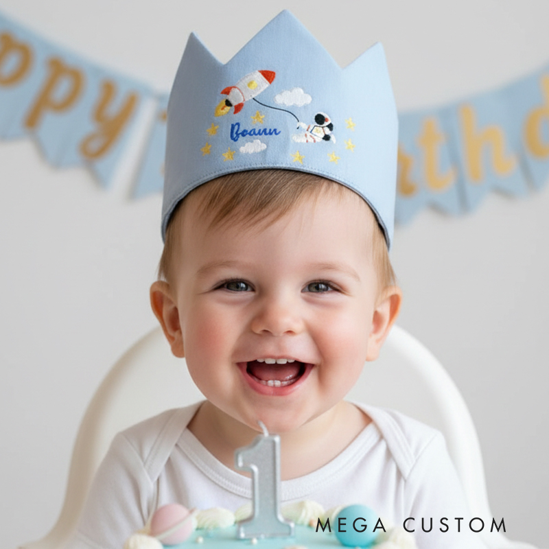 Personalized Astronaut Linen Crown Custom Embroidered Adjustable Kids' Birthday Party Hat