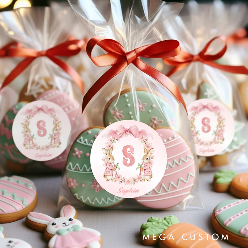 Personalized Cute Flower Peter Rabbit Set of 2 Easter Waterproof Stickers Labels with Name and Initial Easter Day Decor Party Favors for Family Kids