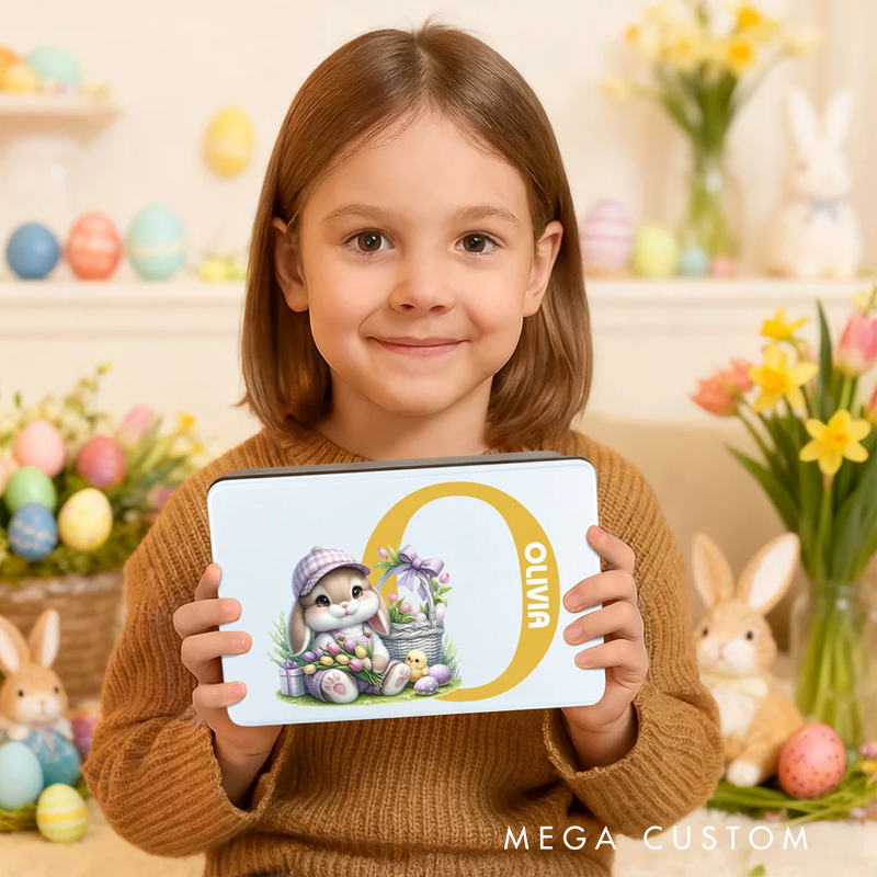 Personalized Cute Bunny Flowers Easter Eggs Initial Food Grade Metal Biscuit Tin Storage Box with Name Easter Holiday Gift for Family Kids