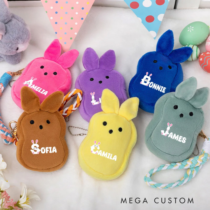 Personalized Cute Bunny Plush Coin Purse Wallet with Name and Wrist Strap Easter Basket Filler Happy Easter Gift for Kids