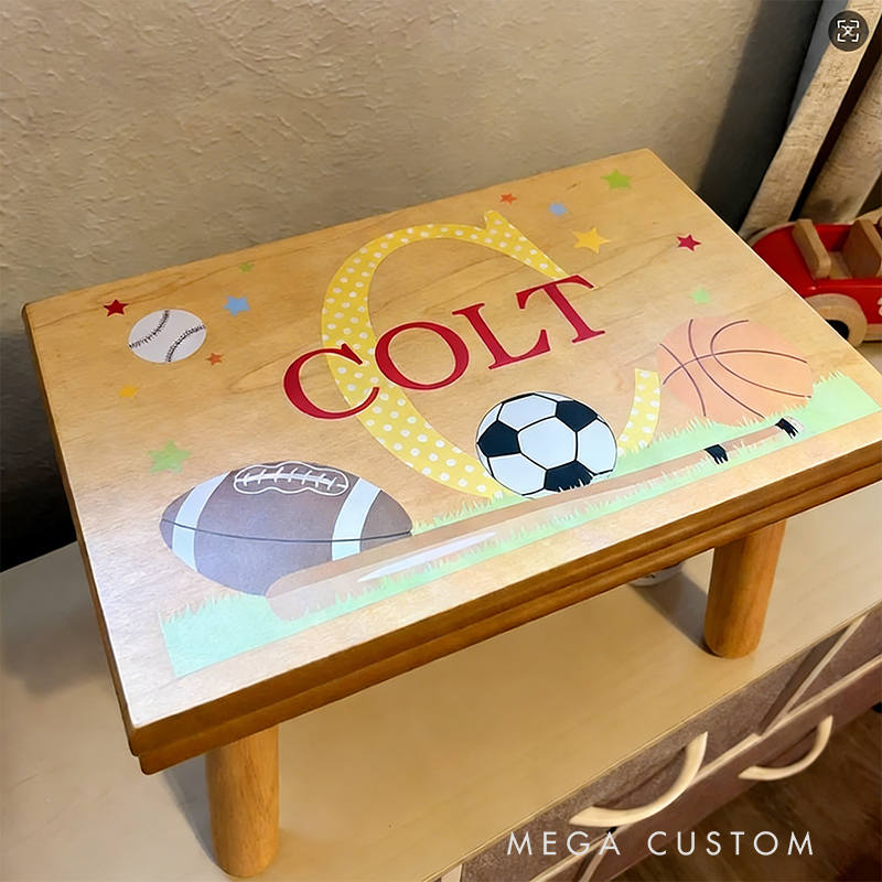 Personalized Sports-Themed Children's Step Stool  Custom Name Kids' Step Stool for Playroom and Decor
