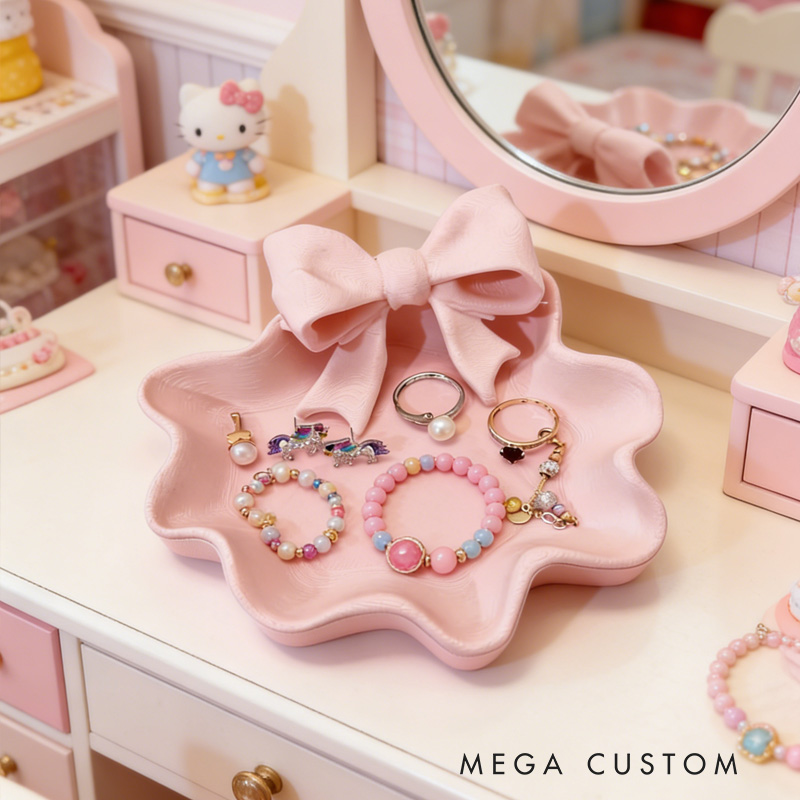 Pink Bow Shaped 3D Printed Jewelry Organizer Trinket Storage Tray Gift for Kids
