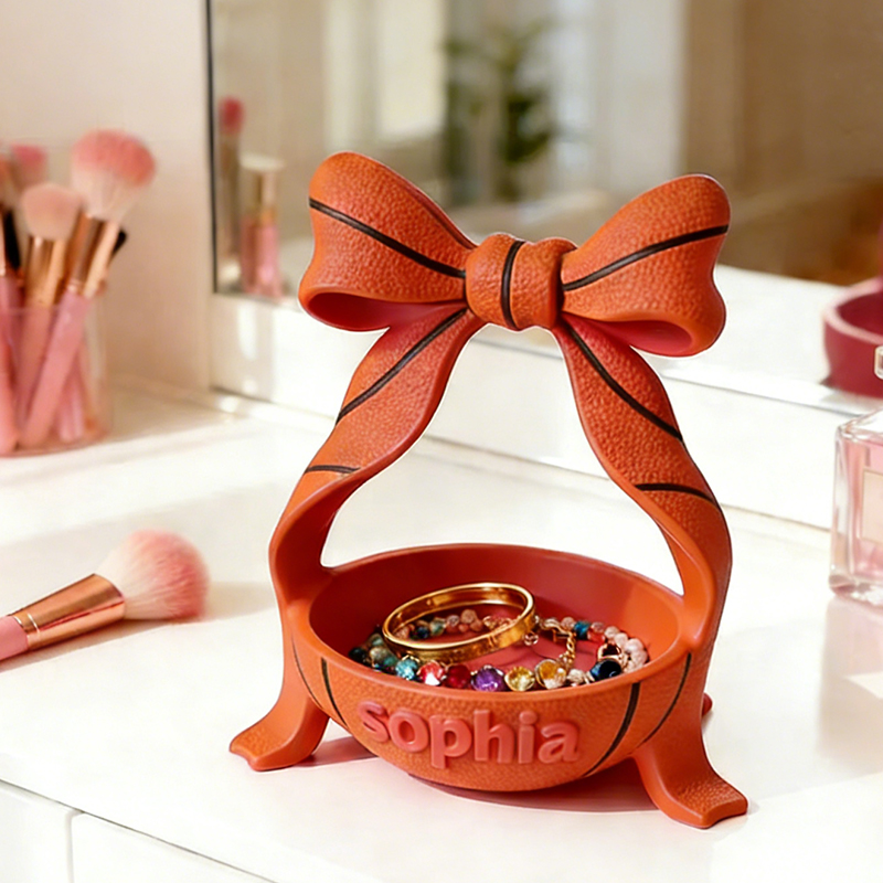 Personalized Bow Basketball Jewelry Holder with Custom Name and Bow Design for Girls and Teens 