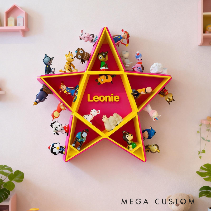 Personalized Custom Name Star Shaped Wall Mounted Shelf Creative 3D Printed Kids Room Organizer Perfect for Displaying Toy Cars Collectibles and Nursery Decor