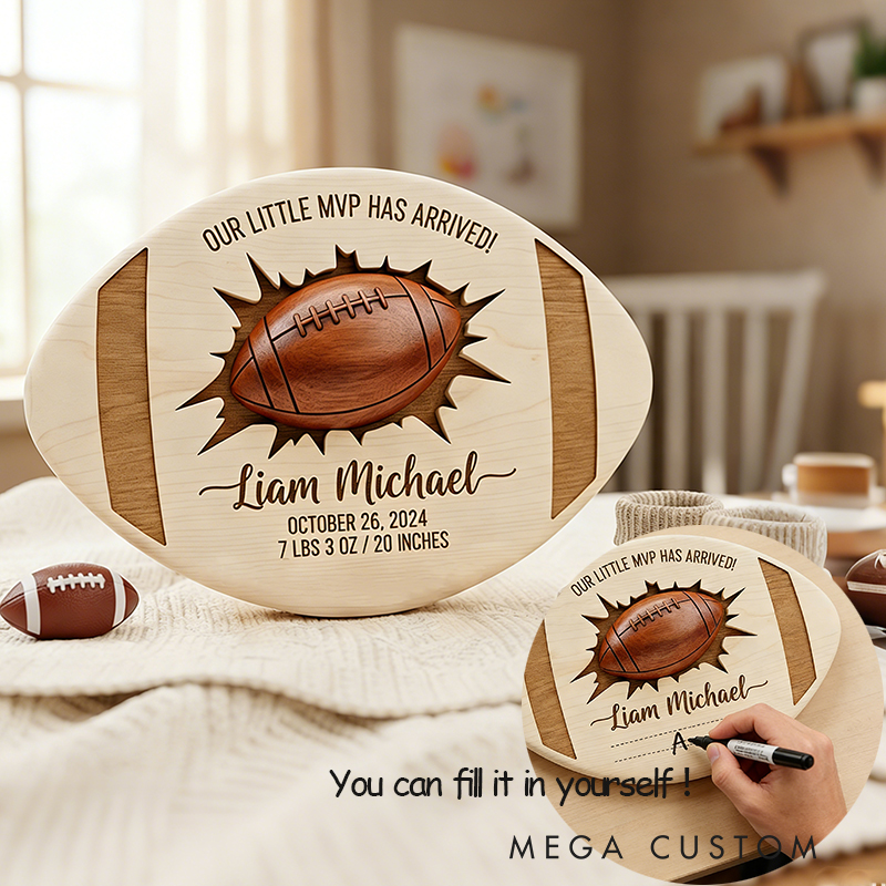 Personalized Football Themed Wooden Birth Announcement Sign Custom Engraved or DIY Fillable Keepsake for Newborns