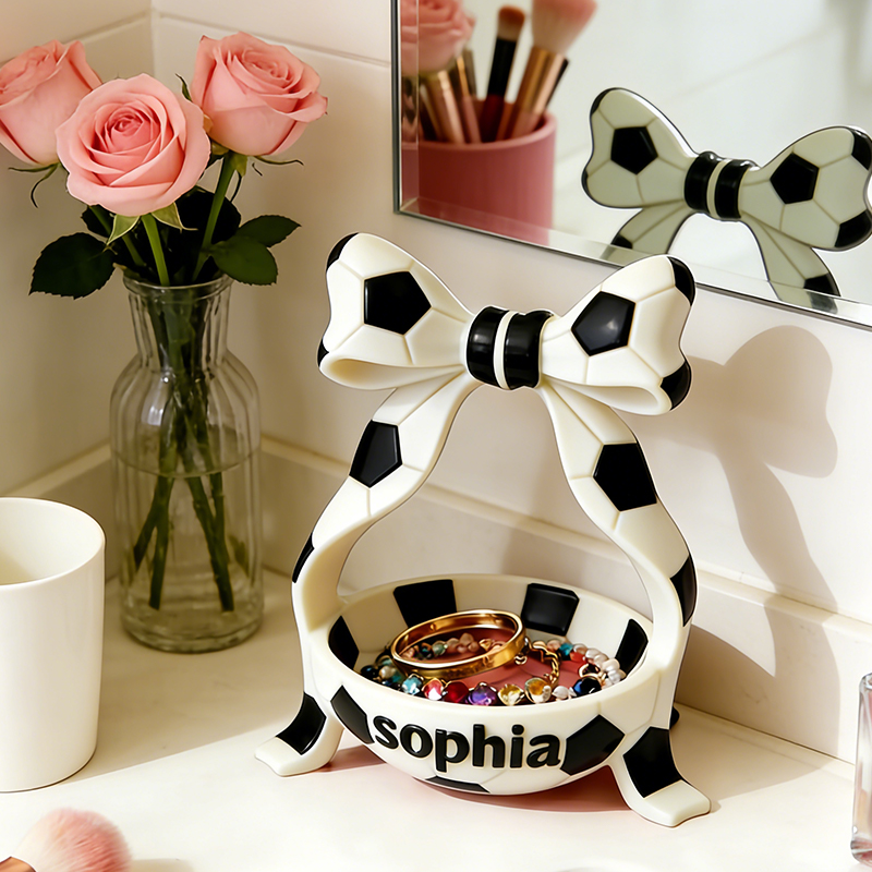 Personalized Soccer Jewelry Holder with Custom Name and Bow Design for Soccer Fans Girls 