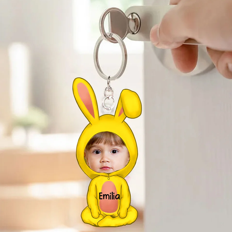 Personalized Multicolor Easter Bunny Cartoon Character Face Photo Acrylic Keychain with Name Easter Birthday Gift for Kids