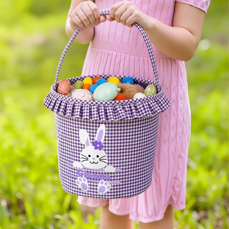 Personalized Cute Bunny Plaid Easter Basket with Name Easter Eggs Hunting Easter Day Gift for Boys Girls