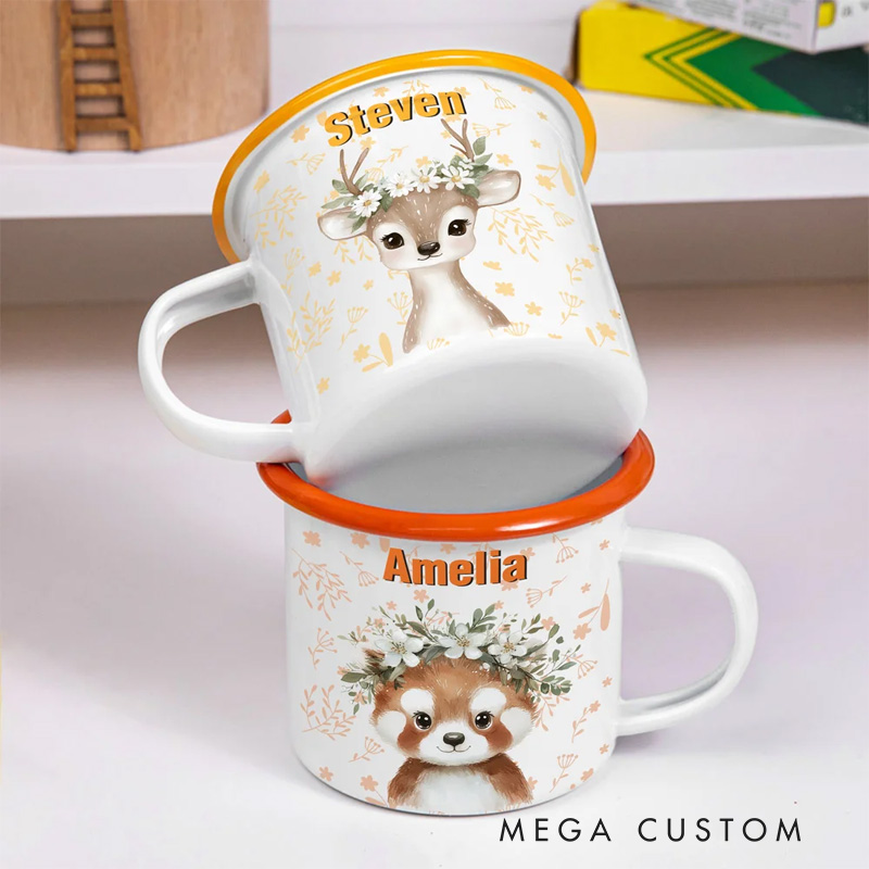 Personalized Cartoon Wreath Deer Bear Animals 12 oz Colored Rim Enamel Mug with Name Daily Use Christmas Birthday Gift for Boys and Girls