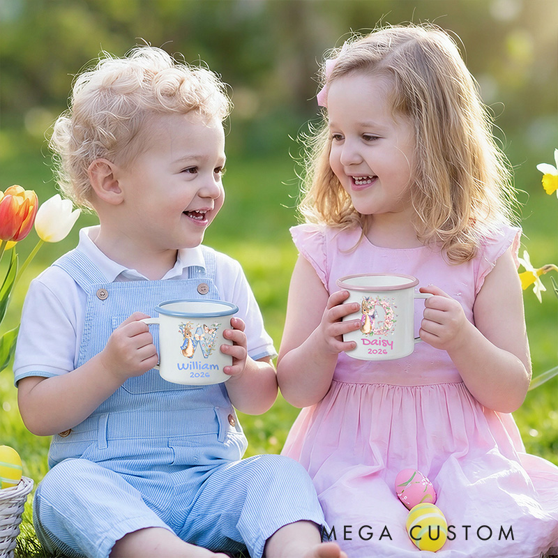 Personalized Name Rabbit Floral Alphabet Easter Enamel Mug 12oz Cup with Handle Tin Camping Mug Easter Party Favor Easter Gift for Kids