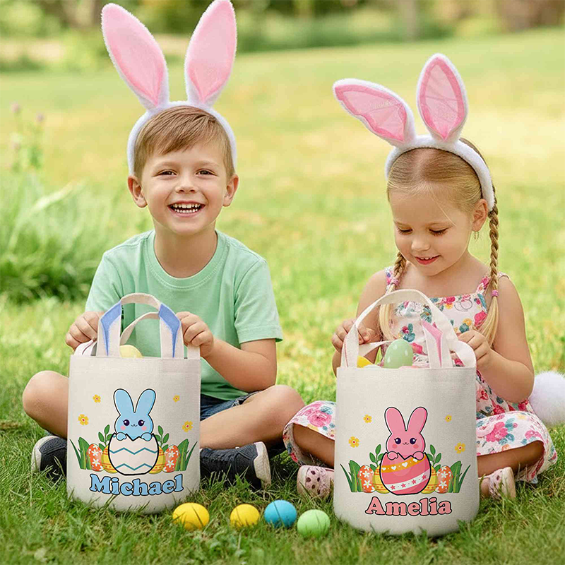 Personalized Name Cracked Egg Bunny Bucket Bag with Ears Easter Egg Hunt Basket Cotton Linen Easter Goodie Bag Easter Gift for Kids Boys Girls