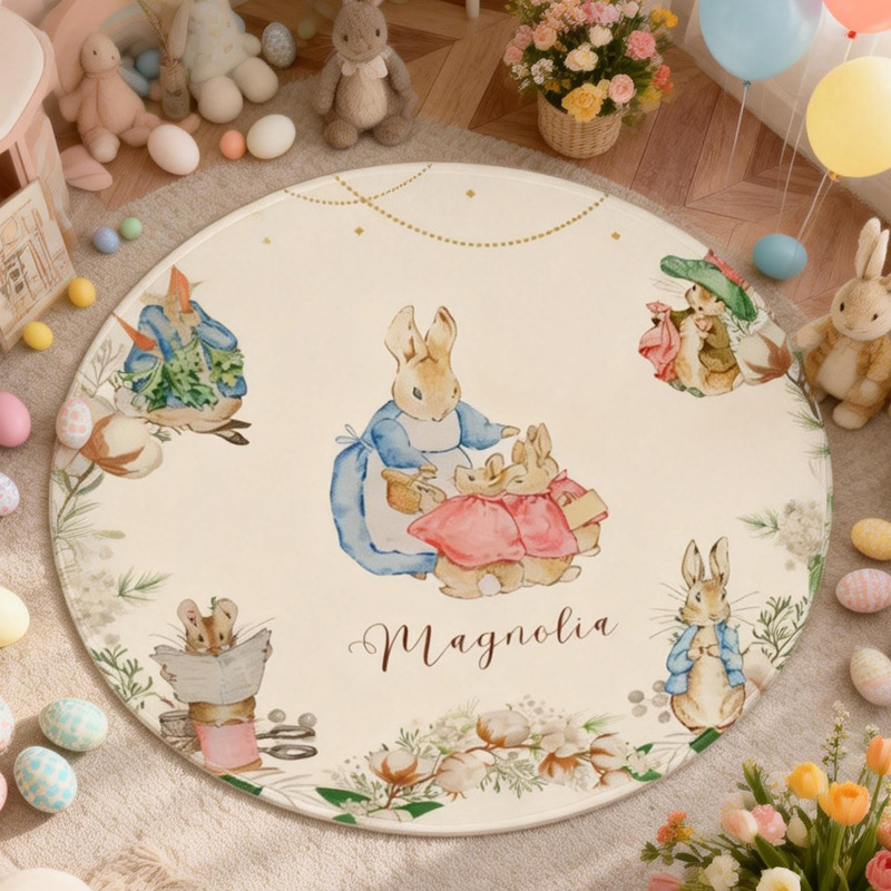 Personalized Easter Bunny Spring Floral Theme Name Mat Soft Nursery Room Decor Carpet Rug for Kids