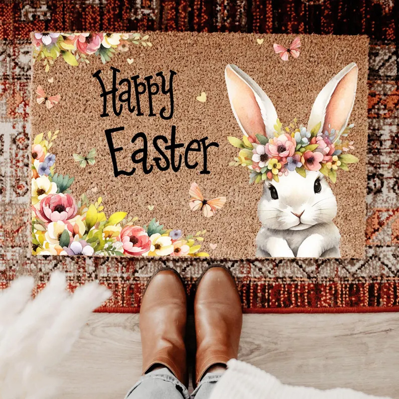 Personalized Easter Bunny Flower Crown Theme Spring Welcome Mat Cute Holiday Entryway Decor Doormat