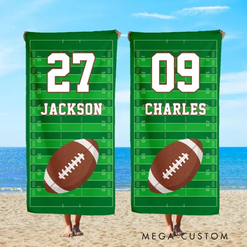 Personalized Football Beach Towel with Custom Name Number and Green Field Design Perfect for Players Fans Sports Enthusiasts and Outdoor Activities
