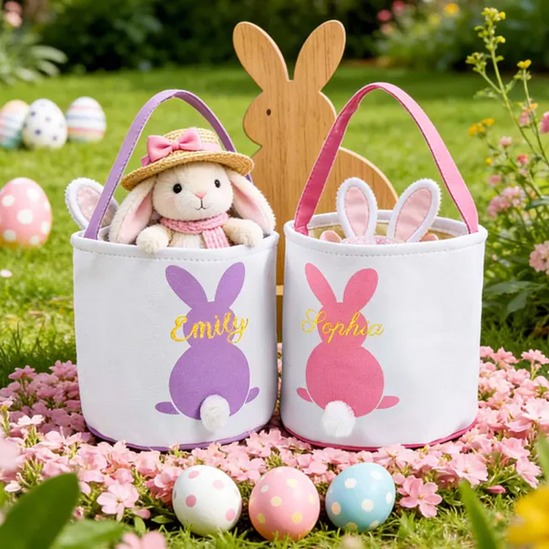 Personalized Easter Bunny Tail Theme Name Basket Cute Spring Gift Bag for Egg Hunt and Holiday Celebration