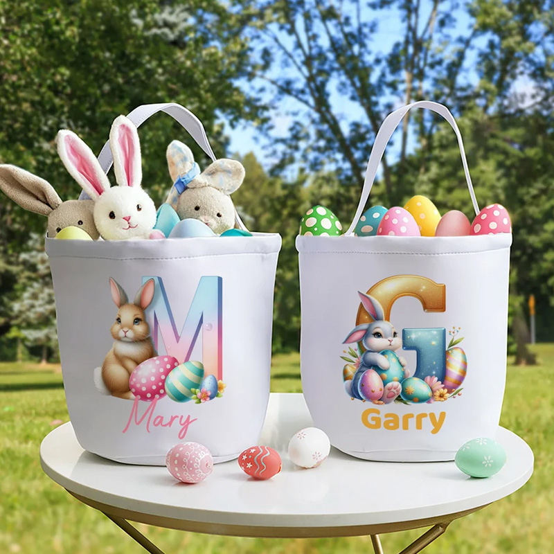 Personalized Cute Easter Bunny Initial Canvas Bucket Basket with Name Easter Egg Hunting Easter Party Favors Gift for Kids