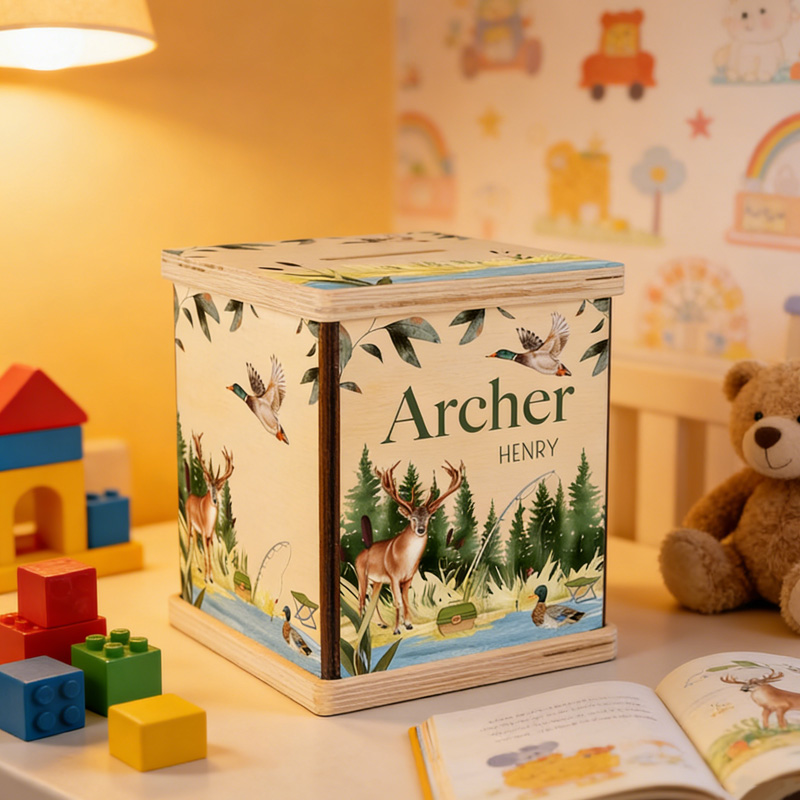 Personalized Woodland Forest Animal Theme Name Wooden Money Box Nature Nursery Gift Keepsake Piggy Bank