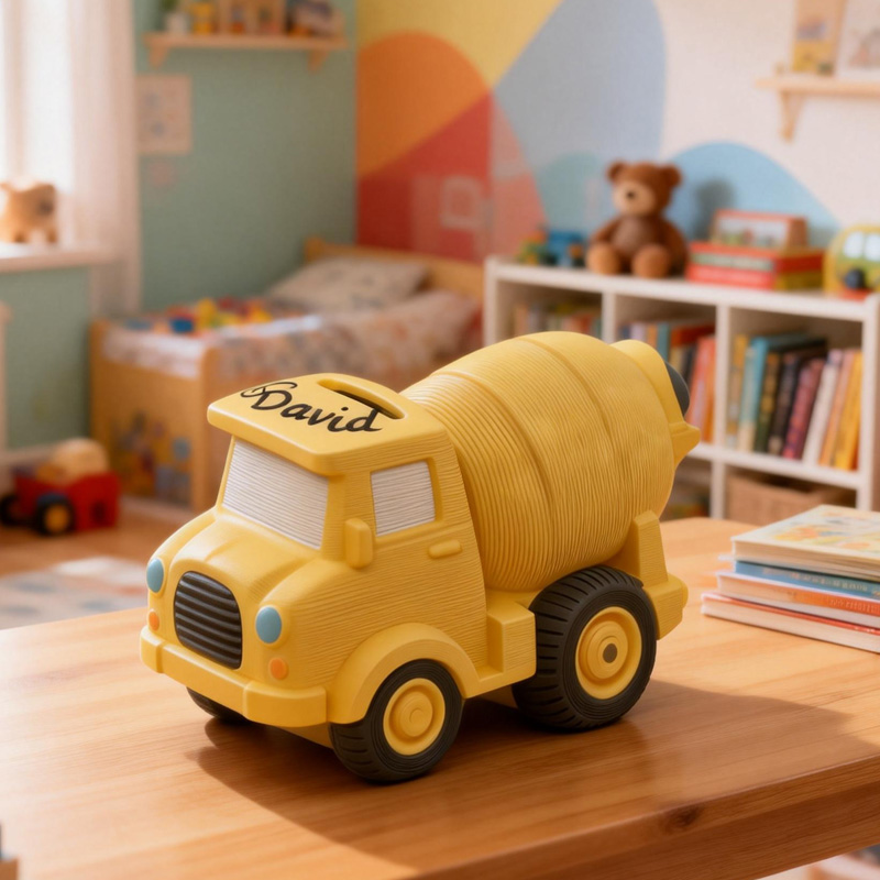 Personalized Construction Truck Theme Name Yellow Cement Mixer Toy Money Box Kids Room Decor 3D Printing Piggy Bank