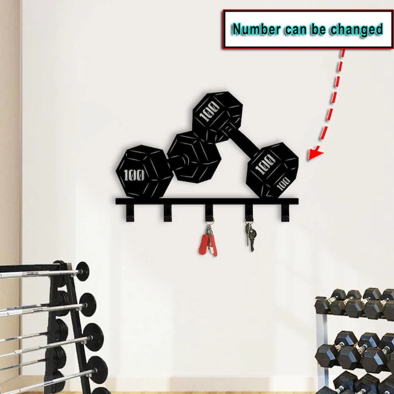 Personalized 3D Printed Dumbbell Key Hook Holder Weightlifting Wall Mount Key Rack Home Gym Wall Decor Metal Key Hooks Fitness Room Decor Key Organizer for Gym Lover