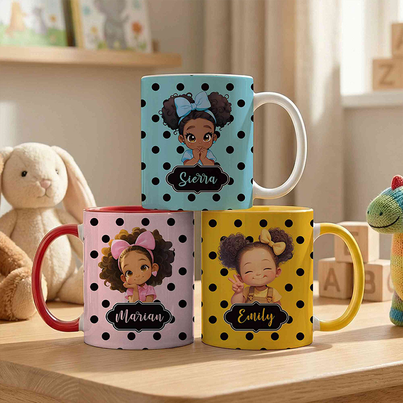 Personalized Polka Dot Theme Name Cute Girl Character Art Custom Coffee Tea Cup Gift Mug