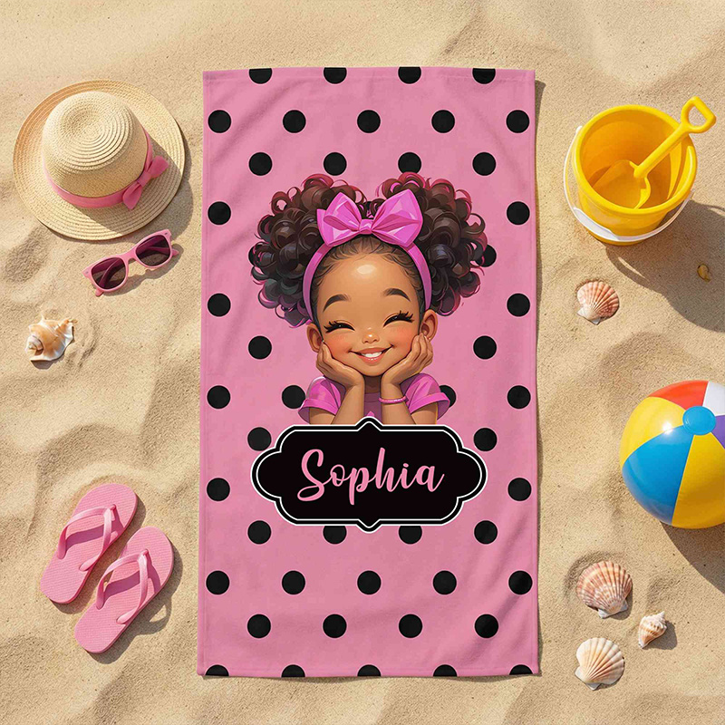 Personalized Colorful Polka Dot Theme Name Cute Girl Character Art Summer Swim Pool Accessory Gift Beach Towel