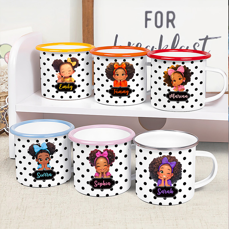 Personalized Polka Dot Theme Name Cute Girl Character Art Color Rim Coffee Tea Cup Gift Collection Enamel Mug