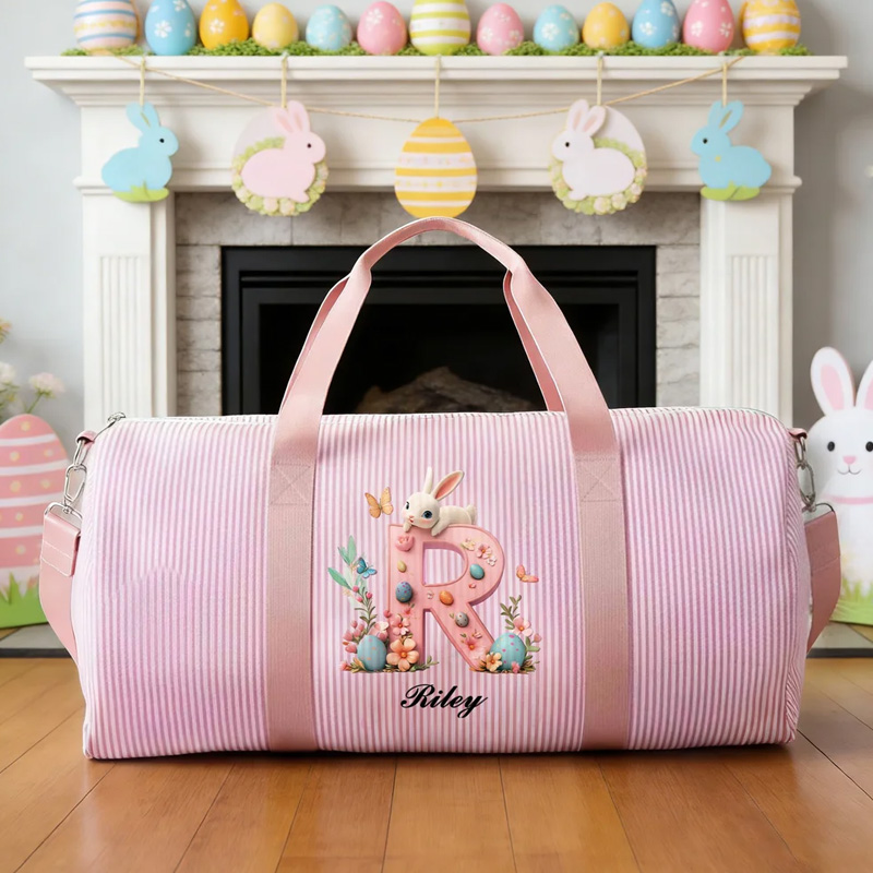 Personalized Pink Bunny Initial Easter Egg Striped Canvas Large Capacity Travel Bag with Name and Shoulder Strap Easter Birthday Gift for Kids