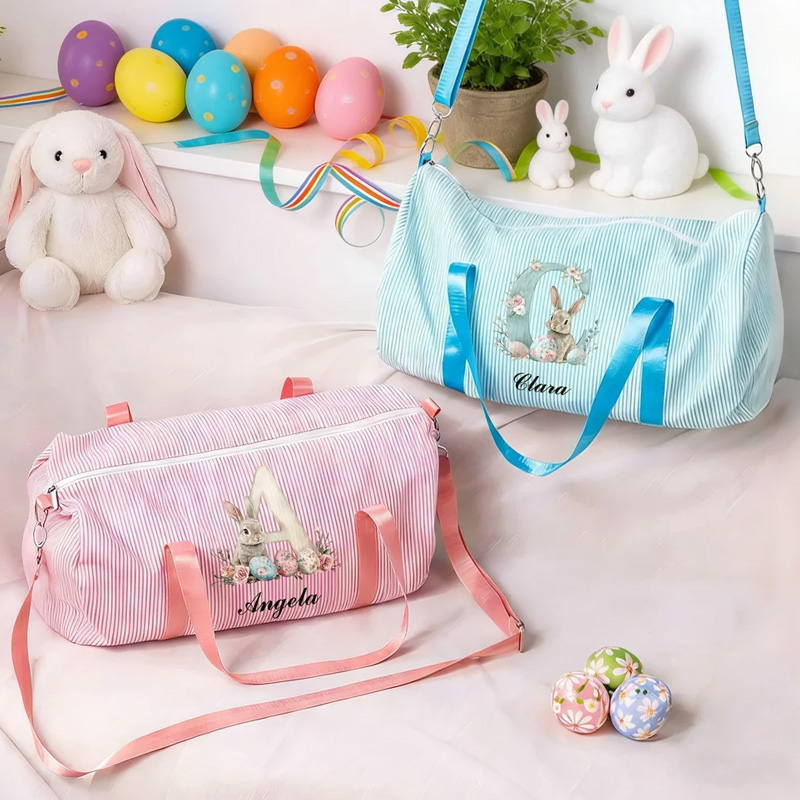 Personalized Cute Easter Rabbit Egg Striped Canvas Large Capacity Travel Bag with Name and Shoulder Strap Easter Gift for Kids Teenagers