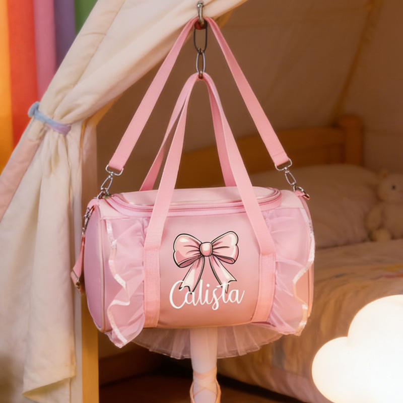 Personalized Pink Bow Theme Name Lace Trim Cute Girl Travel Overnight Tote Weekend Carry On Gift Duffle Bag